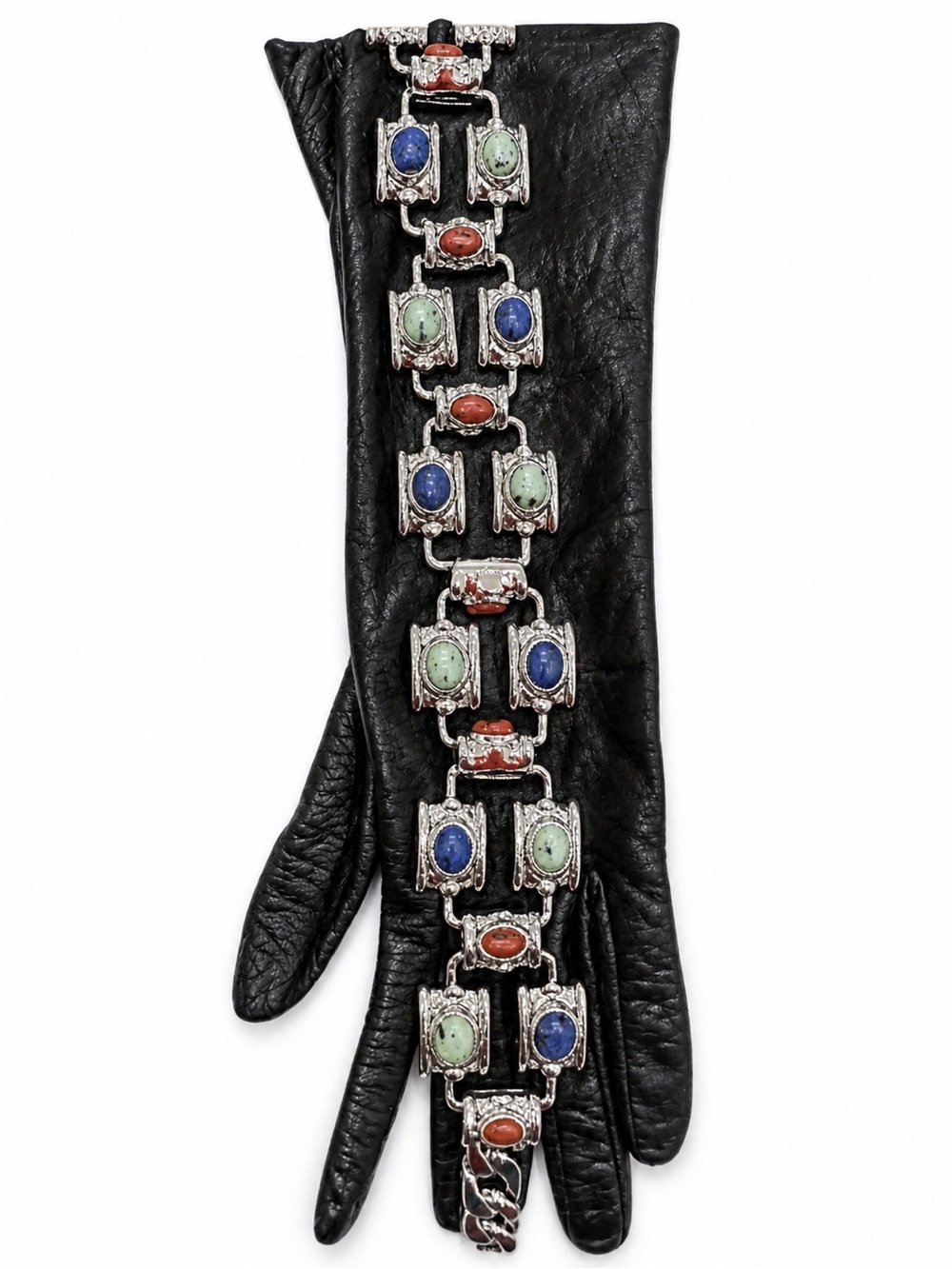 Black Leather Long Gloves with Multicolor Stone Chain Detail